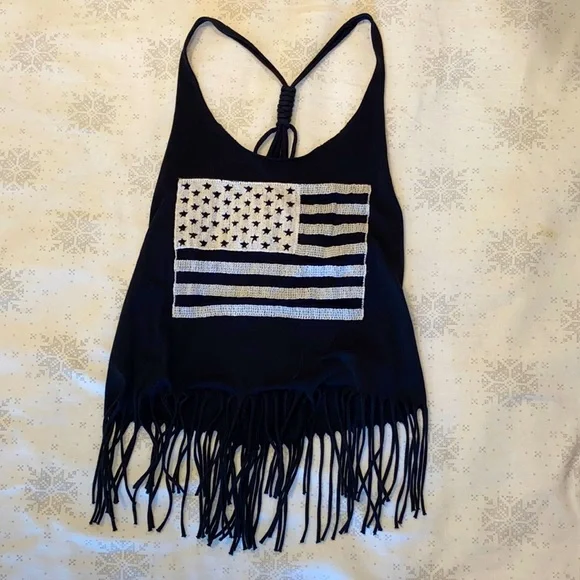 vintage, black & white, American flag, fringed tank top - Picture 1 of 5